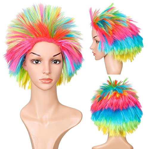 Regenbogen Bunte Perücke 80er Rocker Party Perücke Wuschelkopf Punk Perücke Igel Stachelige Perücke für Damen Männer Disco Karneval Fasching Cosplay Verkleidung Accessoires