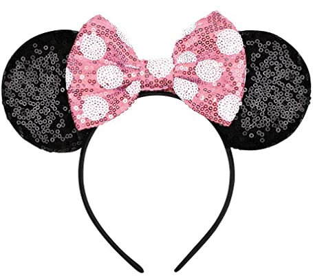 YUNISS Maus Ohren Haarreif, Glitzer Haarreifen in Schwarz mit Pailletten Pink Schleife mit weißen Punkten, Kostüm Prinzessin Party Zubehör für Mädchen und Damen (Pink)