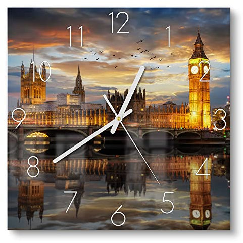 DEQORI Glasuhr | 30x30 cm | Motiv Londoner Abendkulisse | ausgefallene leise Design Uhr aus Glas | Wanduhr für Wohnzimmer & Küche | Moderne Hingucker Uhr für die Wand