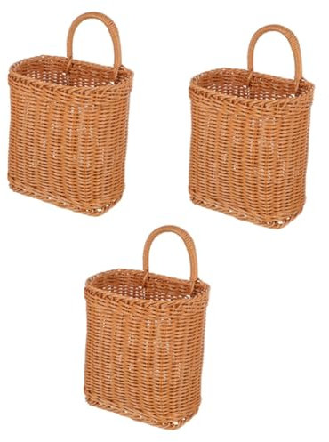 COLLBATH 3pcs Wall-mounted Plastic Woven Storage Basket Hanging Door Basket Vegetable Produce Holder for Organizing Onion Fruits Flowers Rattan Style