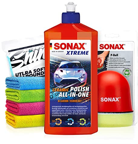 Politurset: SONAX XTREME Ceramic Polish All-in-One (500ml) Auto Politur mit Carnaubawachs + Applikator + Mikrofasertücher | mühelos zum perfekten Polierergebnis | 6-teilig