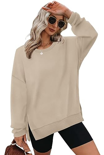 Aokosor Sweatshirts for Women Oversized Jumpers Ladies Tops Crewneck Long Sleeve Tops Side Split Beige Size 14-16