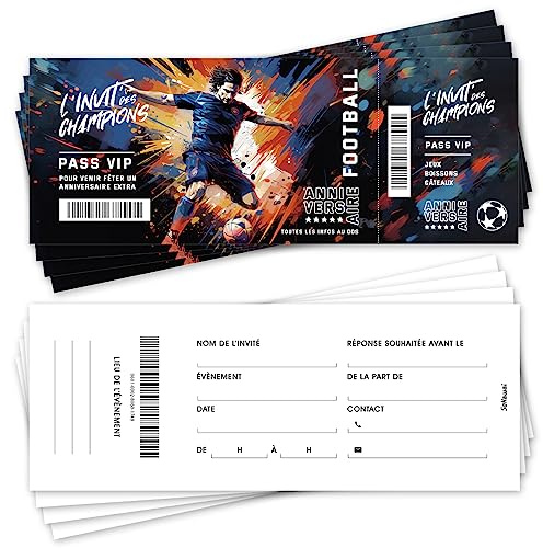 SoKawaï - Lot de 12 invitations anniversaire en Français | Thème Football | Format ticket | Design moderne