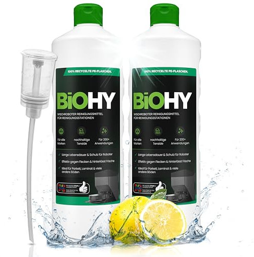 BiOHY Produit de nettoyage pour robot aspirateur (2 x 1l Bouteille) + Distributeur | Spécialement conçu pour les stations de nettoyage | Prolonge la durée de vie de la station d'aspiration