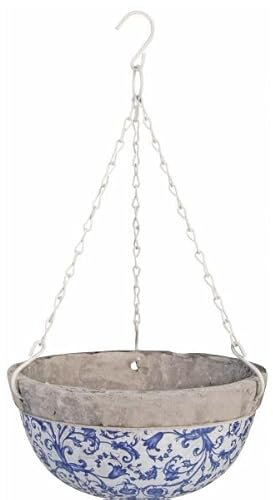 Aged Glazed Ceramic Blue & White Pattern Garden Collection Rustic (Ceramic Hanging Basket)