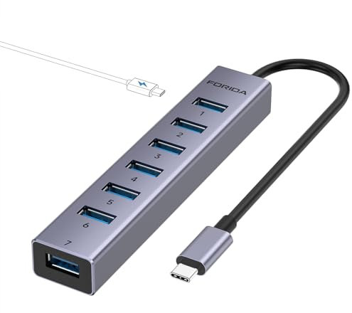 FORIDA USB-C-auf-USB-Hub, 8 Anschlüsse, USB-3.0-Adapter mit 7 USB-3.0-Datenanschlüssen, Gehäuse aus Aluminiumlegierung, USB-Splitter mit USB C 5 V/3 A Stromanschluss für Laptop, PC und mehr