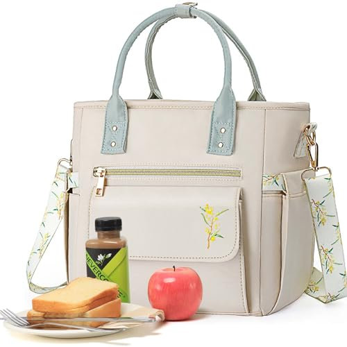 Hihealer Deluxe Lunch Tasche Damen mit Seltenem Blumenmuster - Große Auslaufsichere Isolierte Kühltasche mit Mehreren Taschen und Abnehmbarem Gurt für Arbeit/Picknick Weihnachtsgeschenke für Frauen