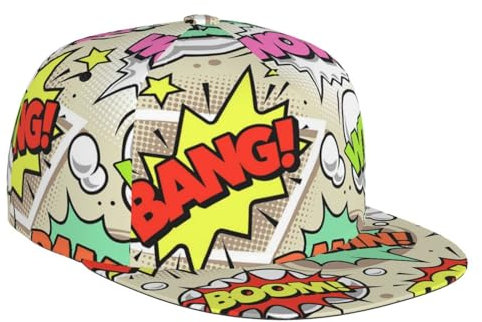 Flat Bill Baseballkappe, 3D-Comic-Pop-Elemente, flache Krempe, verstellbare Snapback-Kappen, lässiger Papa-Hut, Trucker-Hüte für Männer und Frauen, Schwarz, Schwarz , One size