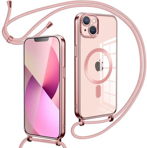Oelrstfe Collier Coque avec Cordon pour đąđđĄđšđ§đ đđ, Transparent RĂ©glable Ătui Chain Chaine Housse de Souple Silicone Antichoc Etui Bandouliere Laniere pour iPhone 14,Rose-Gold