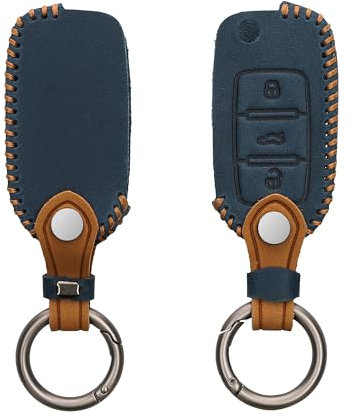 kwmobile Autoschlüssel Kunstleder Hülle kompatibel mit VW Skoda Seat 3-Tasten Autoschlüssel - Schlüsselhülle in Marineblau Hellbraun