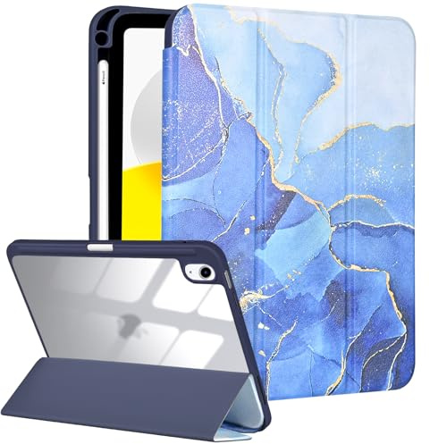 Fycyko Hülle für iPad 10. Generation/11. Generation 2025(A16), iPad 10.9 Zoll Hülle mit Bleistifthalter, Trifold Ständer mit Kratz, Herrlichem Muster Entwerfen- Marmor Blau