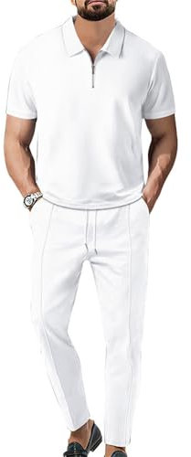 Freizeitset Herren Trend Lose 2 Stück Shirt Set Kurzarm All-Match Temperament Mode Poloshirt Herren Das Neue Revers T-Shirts Kurze Hose Freizeitanzug C-White1 S