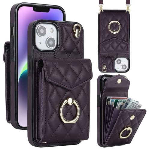 Draamvol for iPhone 13 Case Wallet Shockproof Leather iPhone 13 Phone Case with Card Holder Ring Holder Detachable Necklace Magnetic RFID Blocking Air Bumper Cover,Dark Purple