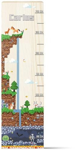GRAVURZEILE Messlatte für Kinder aus Holz - Pixelerde - Personalisiert mit Namen für Kinderzimmer - Skala misst 80-140 cm - Größe 20 x 70 x 2 cm - Geschenk zur Geburt für Mädchen & Jungen