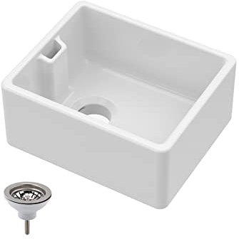 Balterley 460mm Belfast Kitchen Sink Single Bowl with Waste & Built-in Weir Overflow, Durable Belfast Fireclay White Ceramic Kitchen Sink Bowl, Reversible Farmhouse Sinks - 460 x 380 x 205mm (White)
