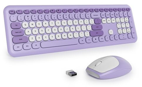 SbocKeeb Purple Keyboard and Mouse Wireless, Full-Size Cute Typewriter Silent Colorful Keyboard Mouse Combo 2.4G Cordless Connection, American QWERTY for Desktop, Laptop 666Pro-Purple