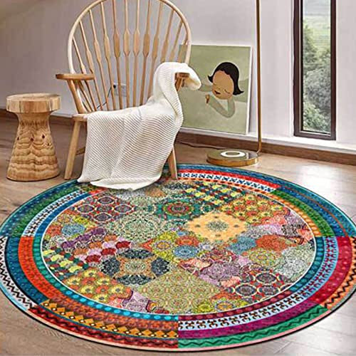 Mehrfarbiger runder Teppich, 130 cm Durchmesser, Patchwork-Design, leicht zu reinigen, ideal für Schlafzimmer, Wohnzimmer, Esszimmer, Flur und Küche