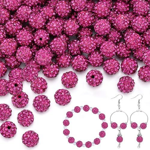200 perline di strass fucsia da 10 mm, lucide, rotonde, Shamballa, da discoteca, per collane, bracciali, orecchini, creazione di gioielli e decorazioni fai da te
