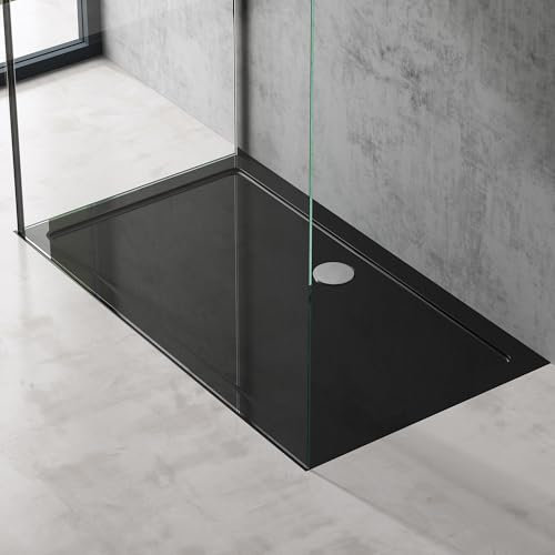 doporro Plato de Ducha Rectangular Acrílico 90x140x4cm en Negro incl. válvula de desagüe AL01 Conexiones DIN apto para Instalación a ras de Suelo Faro2