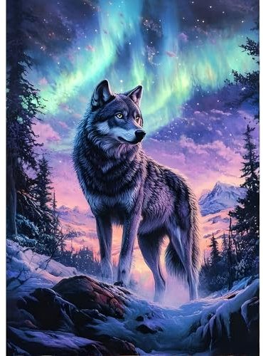 QINRUBB DIY Wolf Diamond Painting Erwachsene, 5D Nordlichter Diamant Painting Bilder Anfänger, Runder Wald Vollbohrer Diamanten Malerei Stickerei Kreuzstich Geschenke Home Wand Dekor 30x40cm