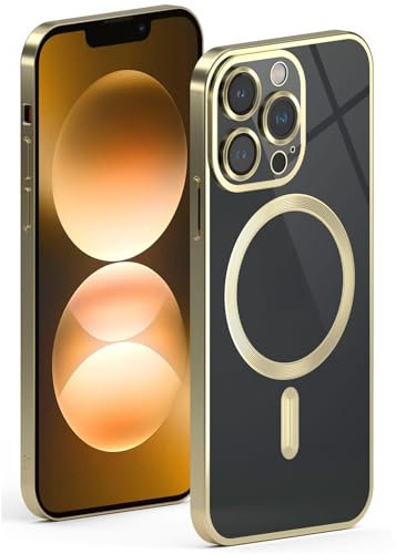 ONEFLOW Aura Case für iPhone 13 Pro Max Hülle kompatibel mit MagSafe, Handyhülle mit Kameraschutz, Schutzhülle für induktives kabelloses Laden, Silikonhülle Durchsichtig, Gold