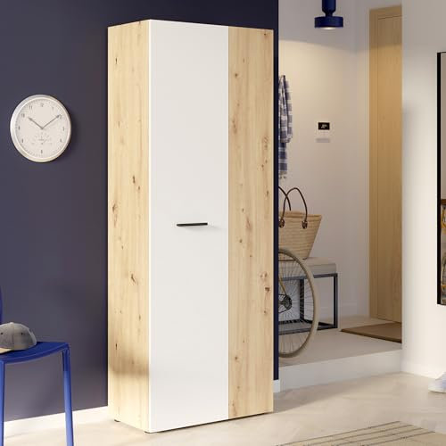 FORTE NET106 Schrank 70, Schuhschrank, Garderobenschrank, Abstellraum, Drehtürenschrank, 2-türig mit Einlegeböden, Weiß mit Holzdekor: Artisan Eiche, 69 cm breit x 179 cm hoch x 35 cm tief