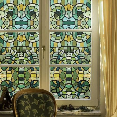 ChicSkin Stained Glass Window Film Self Adhesive 43x287cm, Decorative Window Film Privacy Green Mosaic, Bedroom Living Room Kitchen Bathroom Offices Glass Decoration