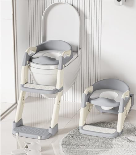 Lyefancy Kids Potty Training Seat with Steps, 2 in 1 Toddler Toilet Ladder Seat for Boys Girls, Soft Mat Non-Slip Splash Guard Toilet Seat with Step Stool, Children Toilet Training in Bathroom(Grey)