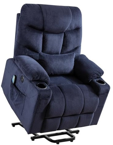 Consofa Fernsehsessel Elektrisch mit liegefunktion Aufstehhilfe, Relaxsessel Massagesessel mit Wärmefunktion, Getränkehalter 4 Seitentaschen,TYP C & USB-Anschlüsse TV Sessel Wohnzimmer (Blue)