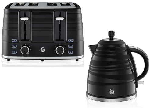 Swan Symphony Black 1.7L 3KW Kettle and 4 Slice Toaster. Contemporary Matching Kettle and 4 Slice Toaster Set in Black High Gloss and Matt Finish SK31050BN / ST31054BN