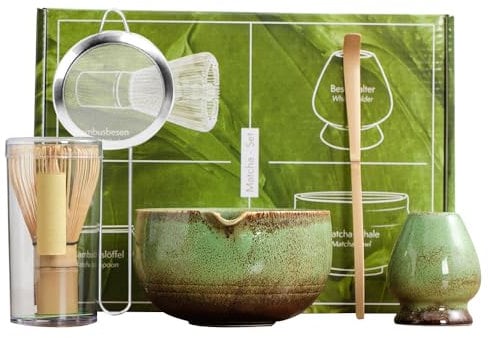 XPJBKC Matcha Whisk Set, 5 PCS Matcha Tea Kit, Reusable Matcha Whisk and Bowl, Matcha Whisk Holder, Matcha Powder Strainer, Matcha Tea Set Gift for Beginners and Enthusiasts (Brownish Green)