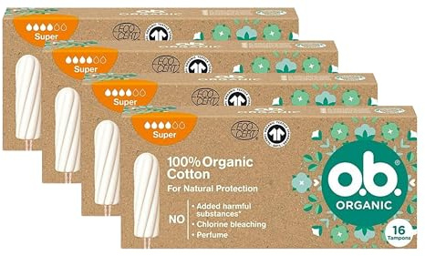 o.b. Organic Super, Bio Tampons für mittlere bis stärkere Tage aus 100% Bio Baumwolle für natürlichen Schutz (4 x 16 Stück)