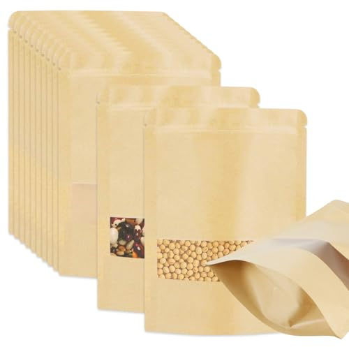 50 Piezas Bolsa de Papel Kraft con Ventana, 18x26cm Papiertüten mit Klarem Fenster, Marrón Bolsas de Papelkraft con Cierre Reutilizable, para Alimentos, Galletas, Especias, Caramelos, Flores Secas