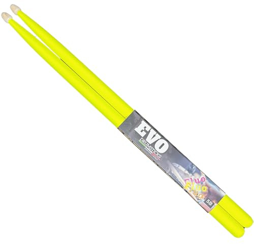 EVO Drumsticks - Bacchette per batteria professionali 5B in frassino, vernice fluorescente con punta in legno, punta a ghianda, legno a stagionatura naturale, made in Italy