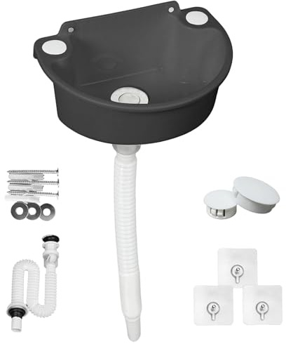 Waschbecken aus Kunststoff, Camping Waschbecken Ausgussbecken | Handwaschbecken Einfach Spülbecken aus Kunststoff mit Schlauch und Abflussstopfen für Garten Wohnmobil Baustellen (Schwarz)