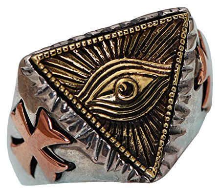 Vintage 925 Sterling Silber Freimaurer Illuminati Ring mit Golden Alles sehende Auge Kreuz für Herren Damen Offen und Verstellbar