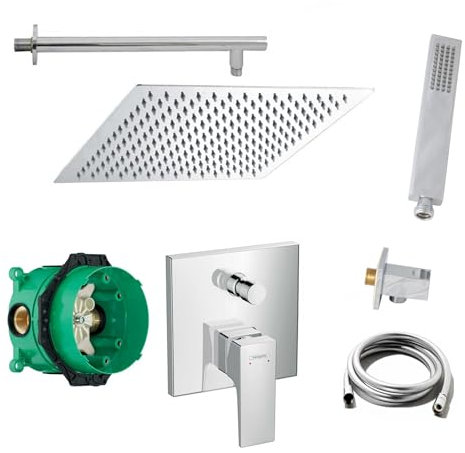 vanvilla Duschsystem mit Unterputz Duscharmatur von Hansgrohe Metropol Einhebelmischer und vanvilla Regendusche mit Armatur, Duschkopf eckig, Dusch-SET HG21 poliert