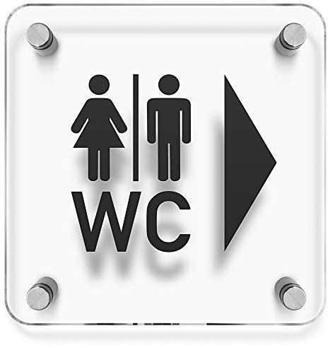 Türschilder24 WC Toiletten Wandschild/Türschild • WC Piktogramm + Pfeil - Wegweiser rechts • 150 x 150mm. Schild besteht aus 3mm Acrylglas. Inkl. 4 x Abstandshalter aus V2A Edelstahl