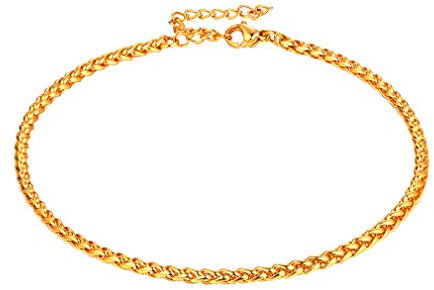 Chaîne Cheville en Or pour Femme,Chaîne Bracelet de Pied Maille Blé Spiga 3mm en Acier Inoxydable 316L Plaqué Or Brillant pour Plage Chaîne Réglable 9+2(22.8+5cm) Ajustable Pour Femme et Fille