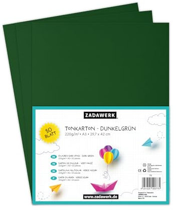 ZADAWERK® Tonkarton - 220 g/m² - DIN A3 - Dunkelgrün - 50 Blatt - Bastelkarton - farbige Pappbögen zum Basteln - Tonzeichenpapier dick - 42x29,7 cm groß - Bedruckbar