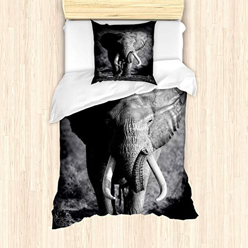 ABAKUHAUS Elefant Bettbezug Set, Exotische Wildlife Elefant, Milbensicher Allergiker geeignet mit Kissenbezügen, 135 cm x 200 cm - 80 x 80 cm, Grau