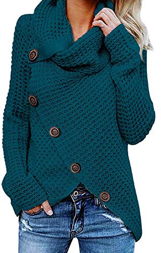 Tuopuda Femme Pull à Manches Longues Chandail Elégant Pullover Col Roulé Hauts Tricot Sweater avec Boutonné Croisé Tricot Décontracté Ourlet Asymétrique Automne Hiver