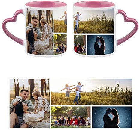 Personalised with Four Photos/Multi Photo Printed Collage Mug, Novelty, Pink Colour Heart Handle Ceramic Mug, Memorable Gift Ideas for Family, Friends, Birthday, Any Special Occasion. (4 Photos)