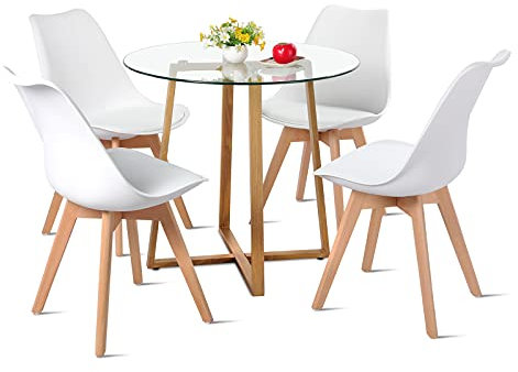 H.J WeDoo Juego de comedor con 4 sillas, mesa de comedor redonda de cristal y 4 sillas de estilo nórdico para balcón, comedor y sala de estar, color blanco