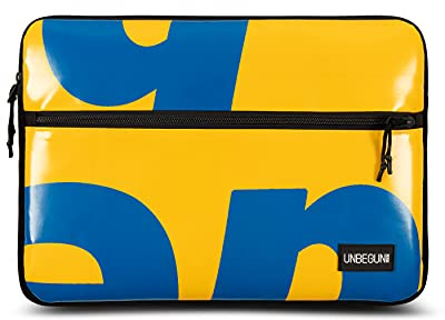 Laptop-Hülle mit Tasche für MacBook Pro 16 Zoll 2019/2020/2021 (Farbe: gelb/blau) – Hülle/Cover aus upcycletem Stoff (nachhaltig)