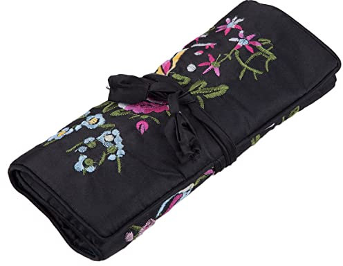 KYEYGWO Stickerei Reise Schmuckrolle mit Blumen und Vogel Stickerei, Chinesischer Schmuck Organizer Tragbare Rollenbeutel Schmucktasche für Halsketten Ring Armband Aufbewahrung, Schwarz
