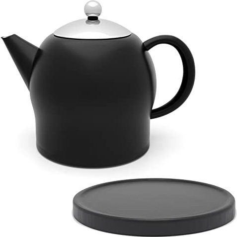 Bredemeijer Teekanne Set 1.4 Liter - Edelstahl doppelwandig Schwarz matt - Großer Moderner Teebereiter ohne Filter - inkl. Holz-Untersetzer schwarz