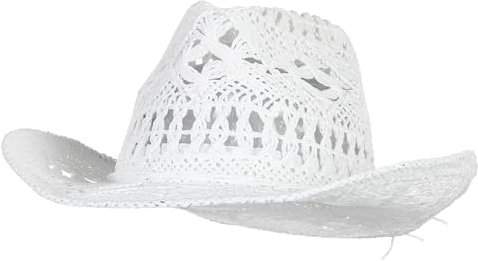 GEMVIE Cowboy Cowgirl Summer Straw Hat Wide Brim Hollow Out Cowboy Beach Sun Hats for Women Ladies White