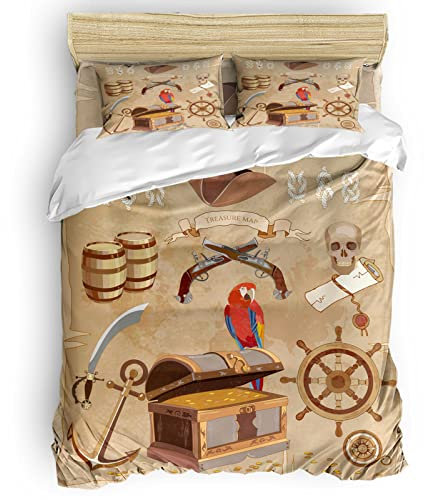 WQIZXCW Pirat Bettwäsche 135x200, Papagei Bettbezug Set 2 Teilig - 110gsm Weiche Microfaser Bettbezüge mit Reißverschluss und 1 Kissenbezug 80x80 cm