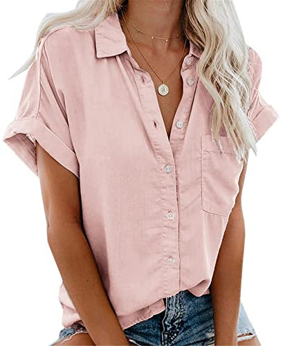 Xnova Chemisier Femme Manches Courtes Col V Chemise T-Shirt Été Couleur Unie Élégant en Mousseline Boutons avec Poche Casual Chic Short-Sleeve Blouse Tops(Rose, M)